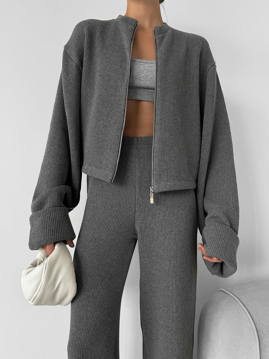 Zip Up Jacket and Wide Leg Pants Set - Grey - 1