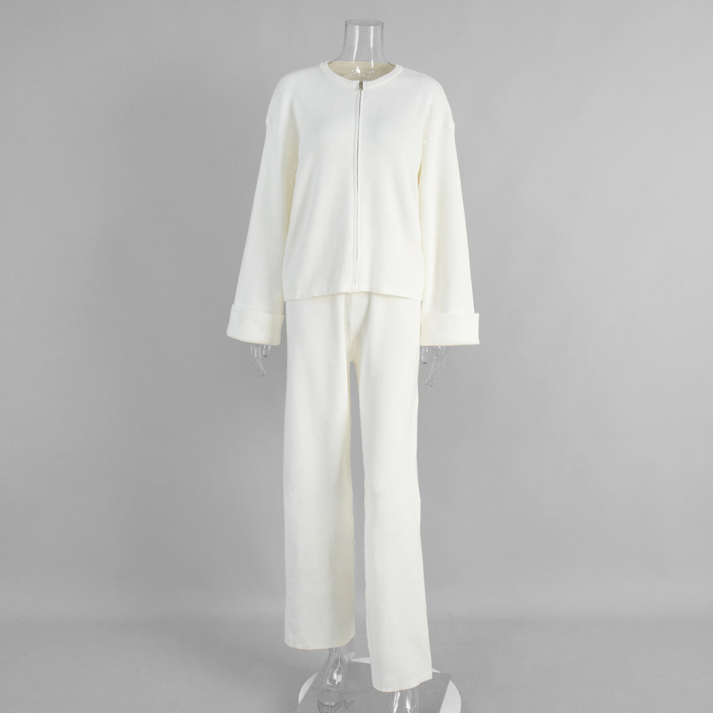 Zip Up Jacket and Wide Leg Pants Set - White