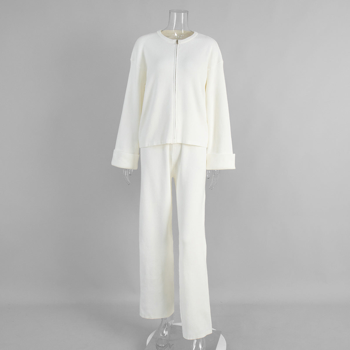 Zip Up Jacket and Wide Leg Pants Set - White