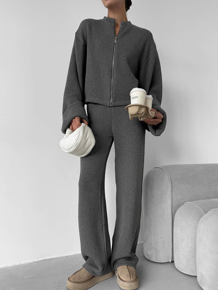 Zip Up Jacket and Wide Leg Pants Set