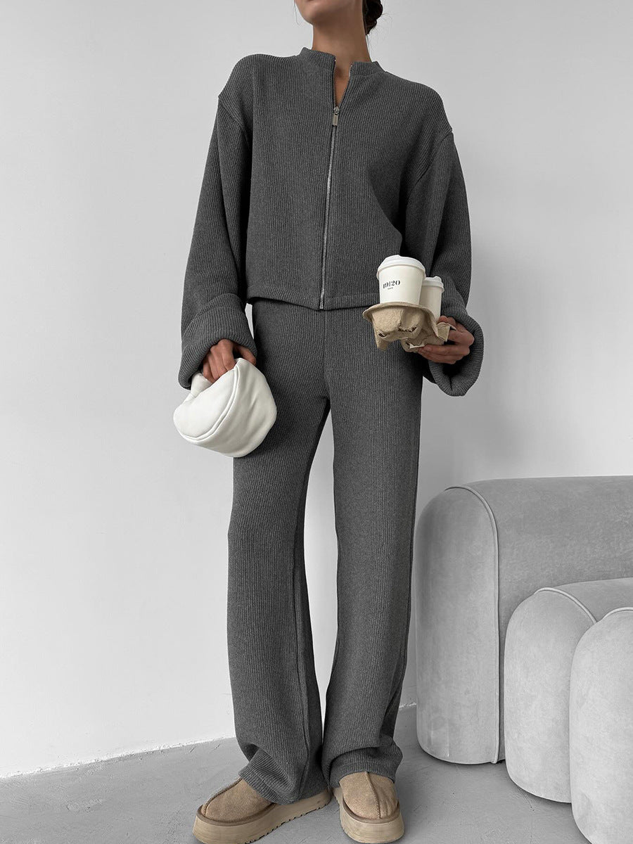Zip Up Jacket and Wide Leg Pants Set - view 1