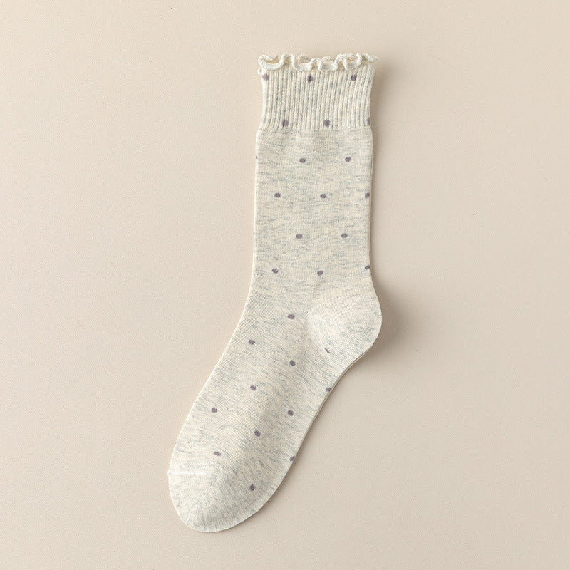 Polka Dot Lettuce Trim Mid Calf Socks - Beige
