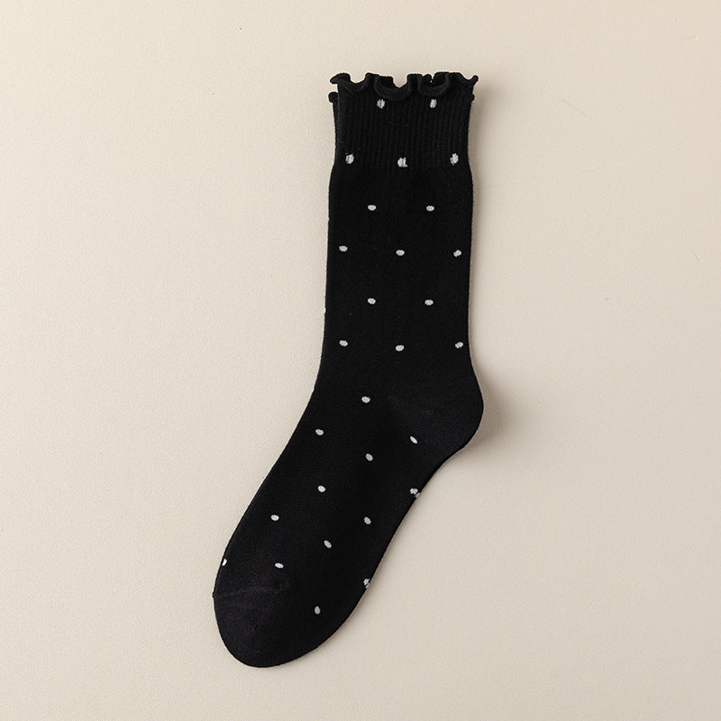 Polka Dot Lettuce Trim Mid Calf Socks - Black