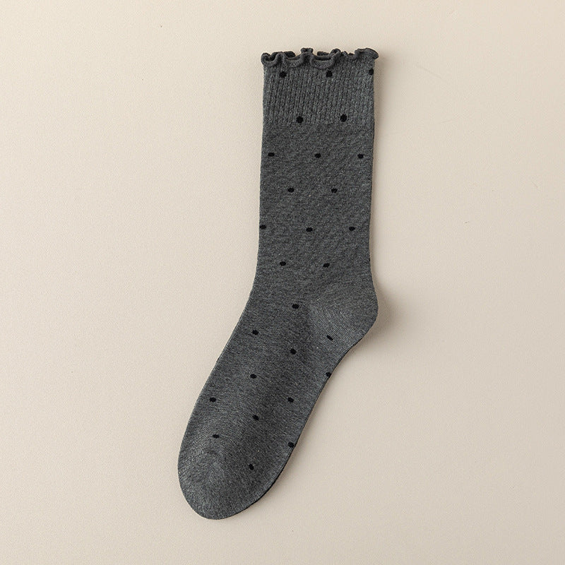 Polka Dot Lettuce Trim Mid Calf Socks - Grey