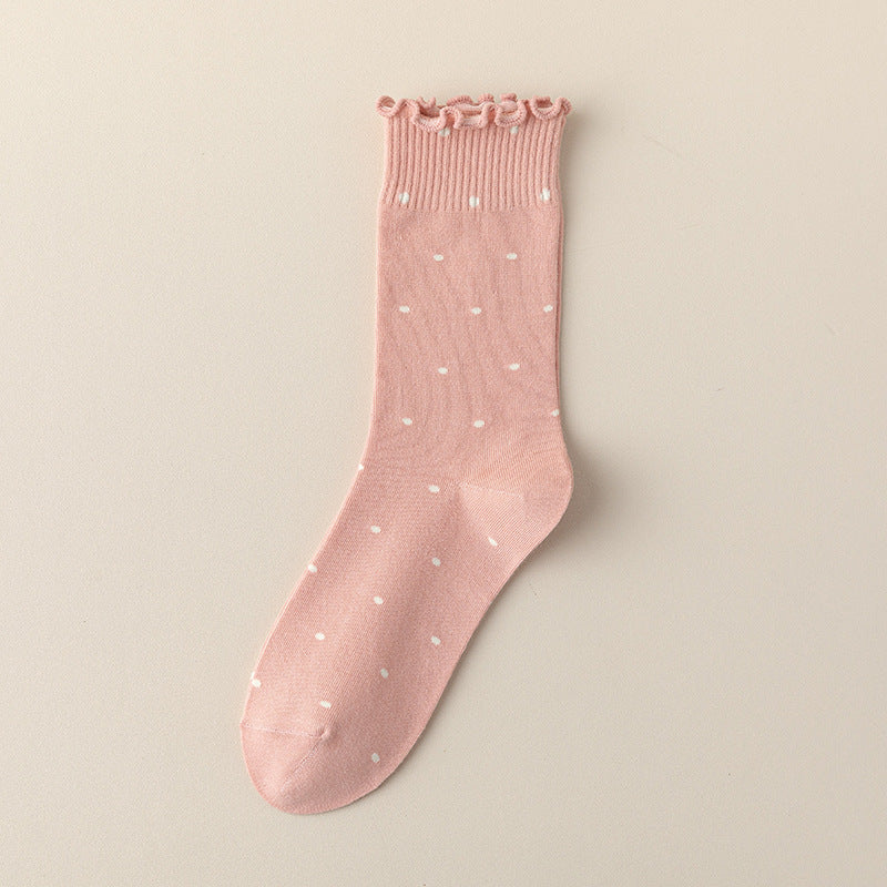 Polka Dot Lettuce Trim Mid Calf Socks - Pink