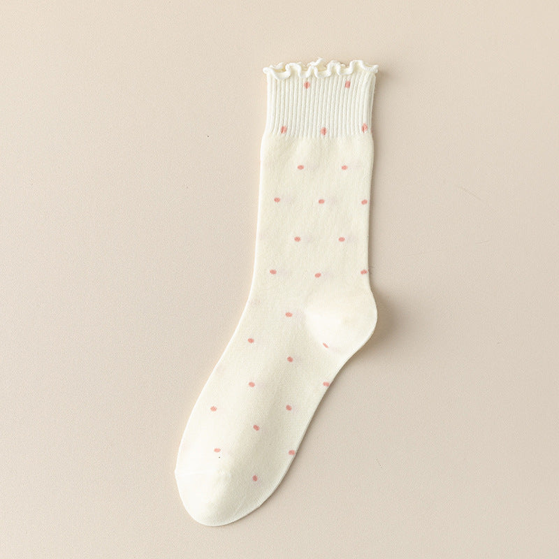 Polka Dot Lettuce Trim Mid Calf Socks - White