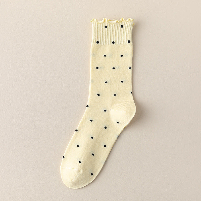 Polka Dot Lettuce Trim Mid Calf Socks - Yellow
