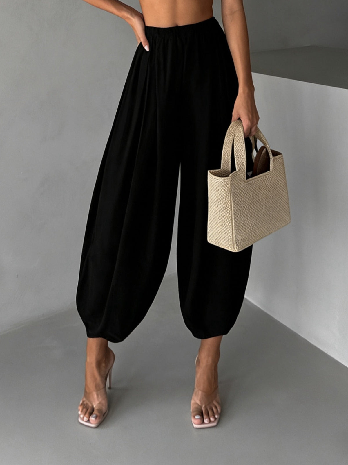 Slouchy Harem Pants With Elastic Cuffs - Black - 1