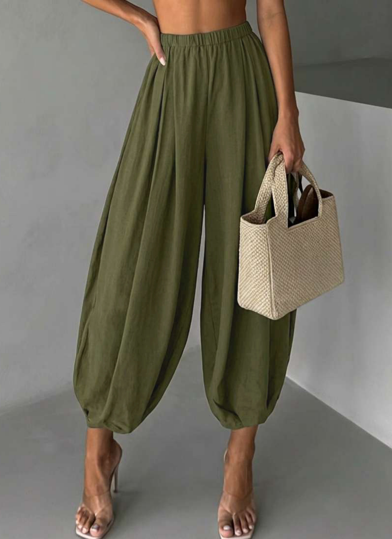 Slouchy Harem Pants With Elastic Cuffs - Olive