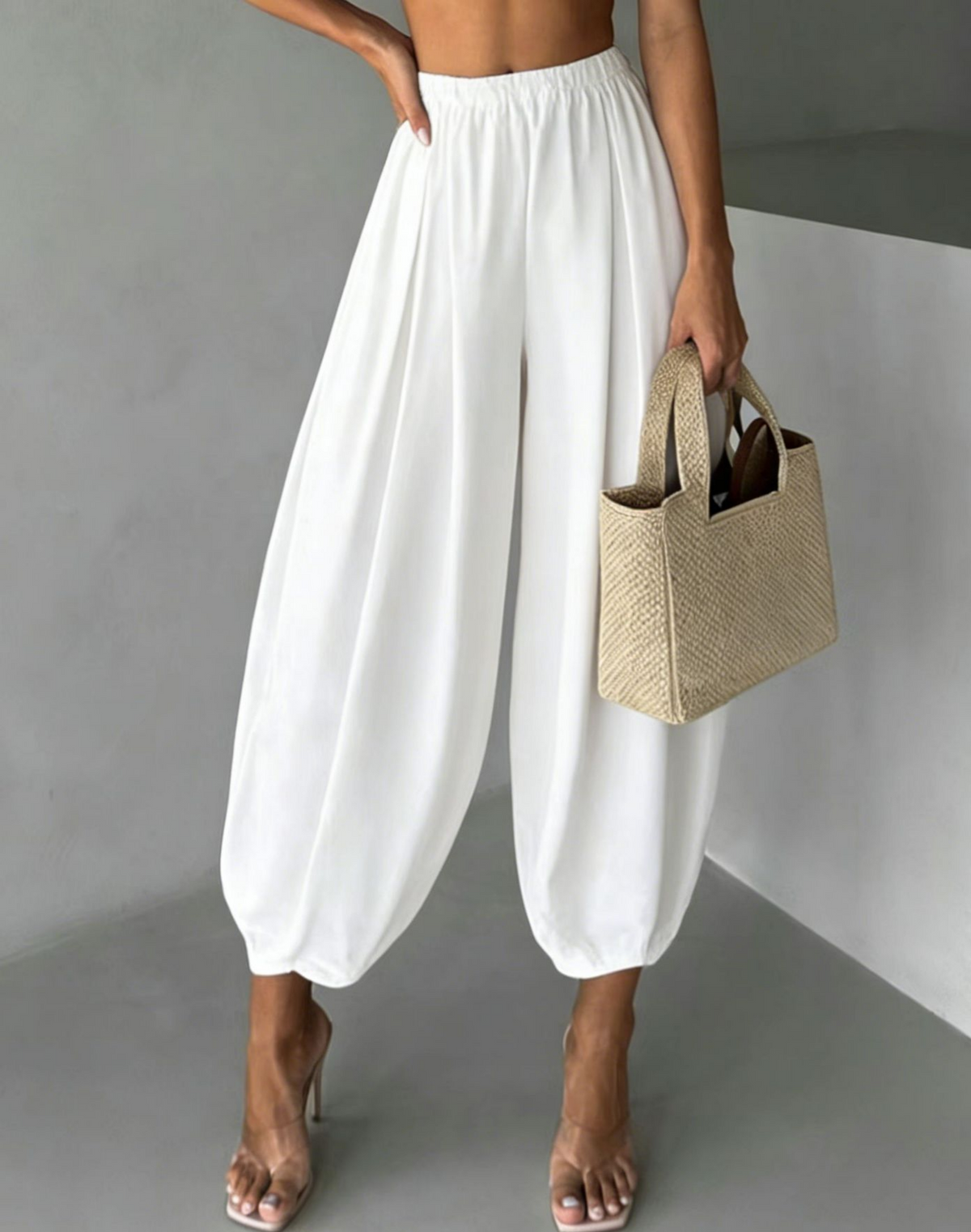 Slouchy Harem Pants With Elastic Cuffs - White