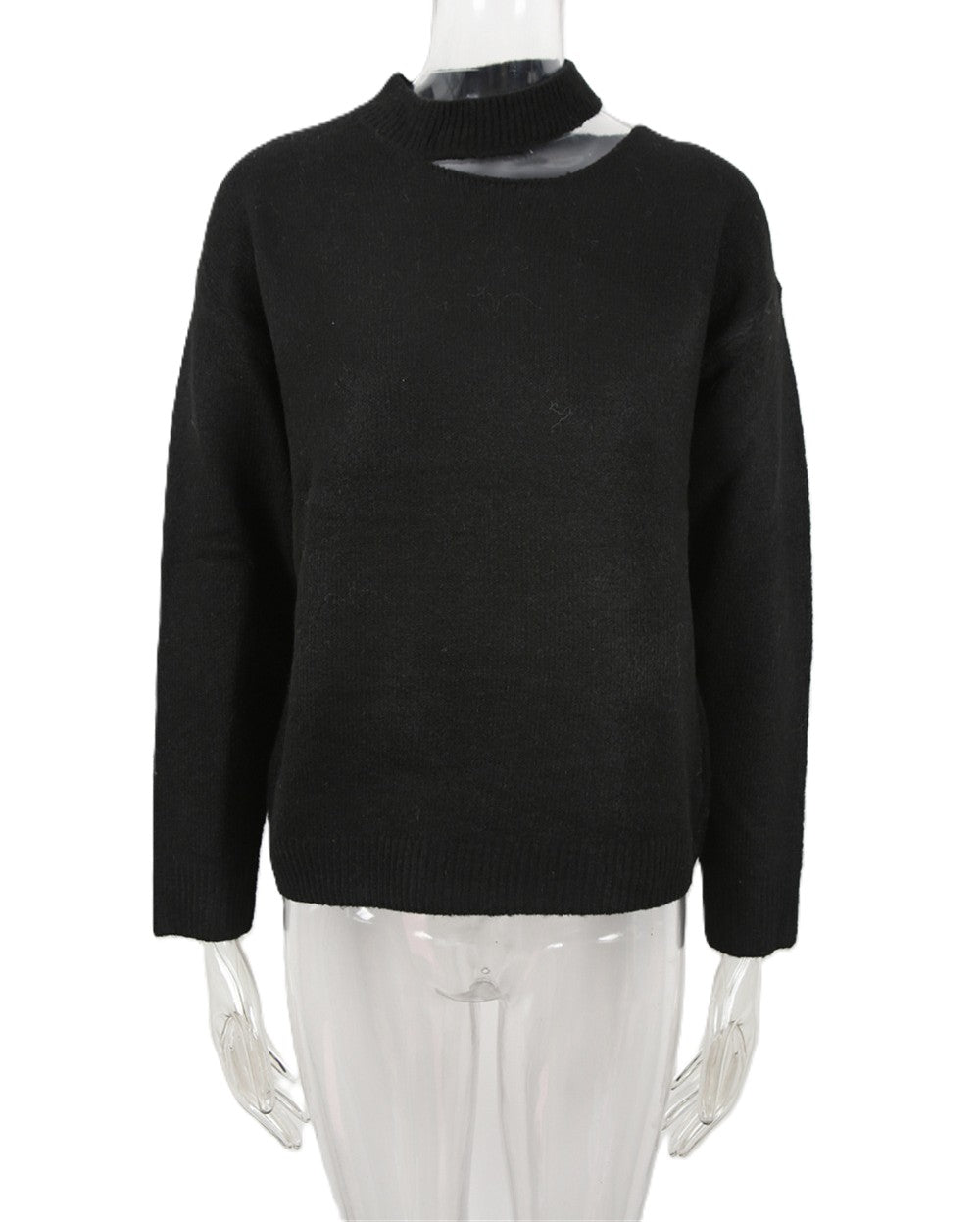 Cutout Mock Neck Soft Knit Pullover Sweater - Black