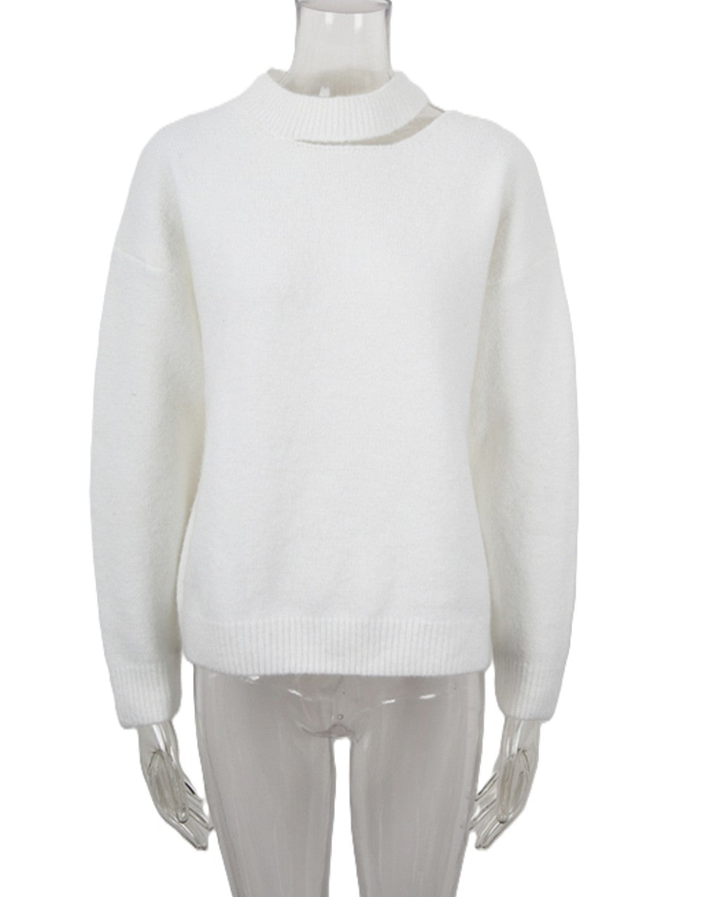 Cutout Mock Neck Soft Knit Pullover Sweater - White