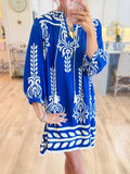 Boho Border Print Tassel Tie Mini Dress - Blue