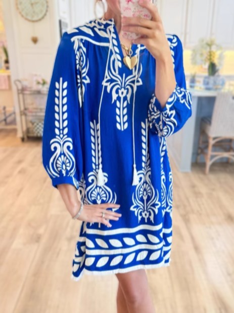 Boho Border Print Tassel Tie Mini Dress - Blue