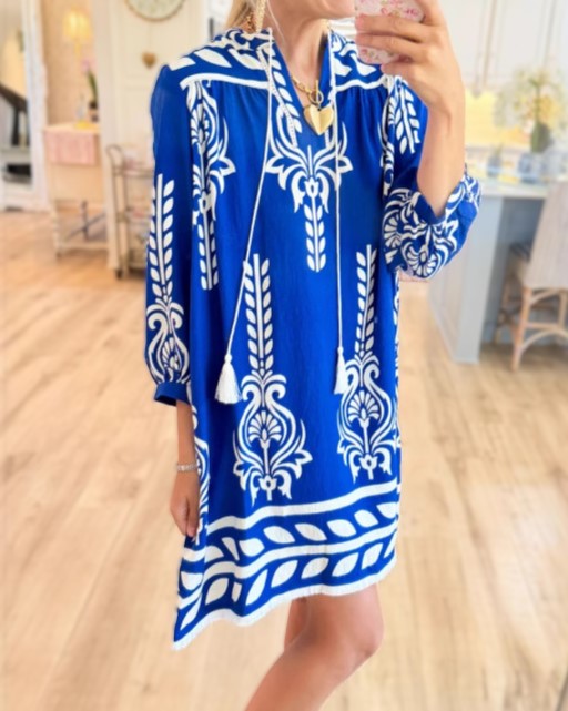 Boho Border Print Tassel Tie Mini Dress - Blue - 1