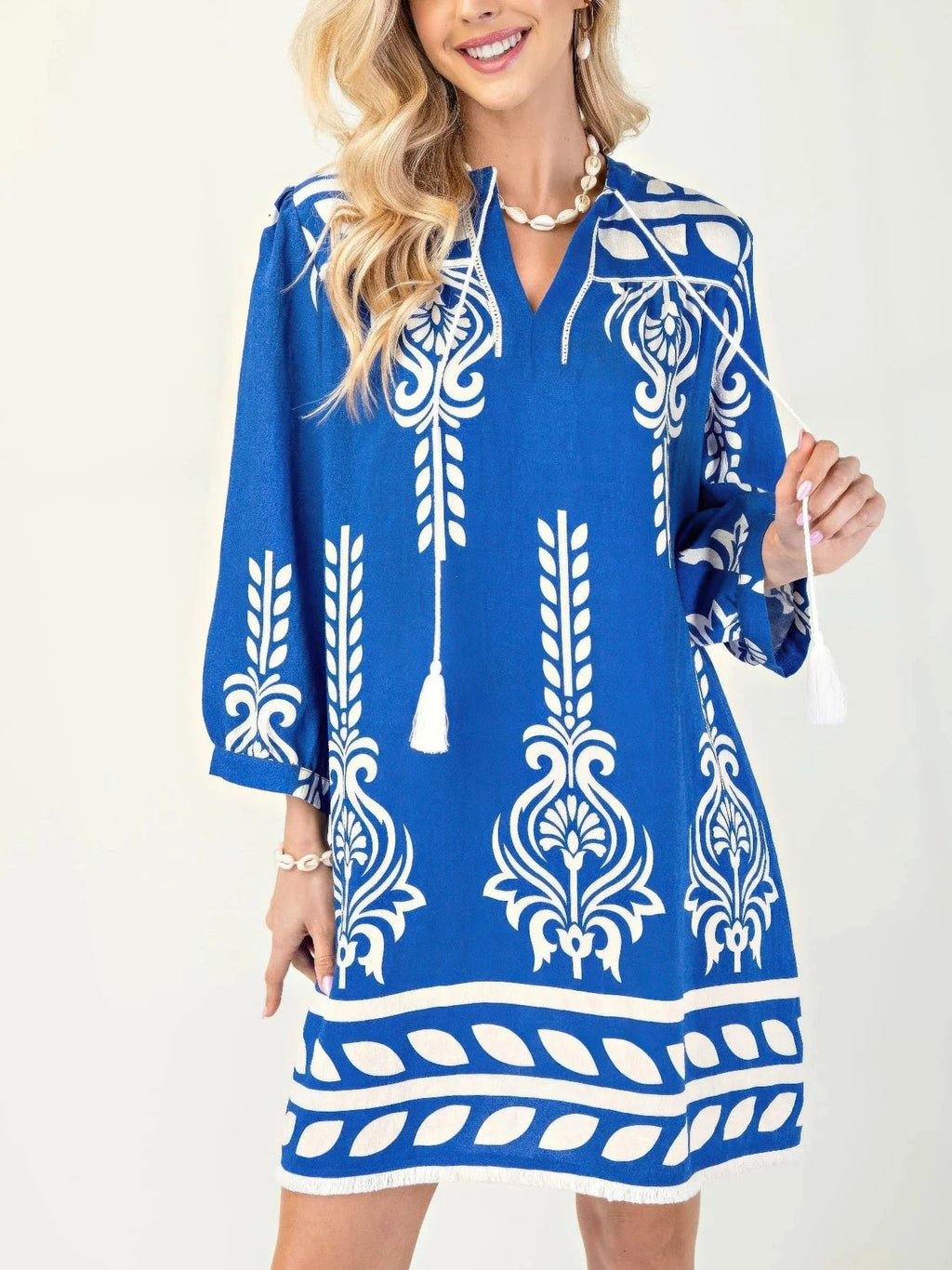 Boho Border Print Tassel Tie Mini Dress - Blue - 2