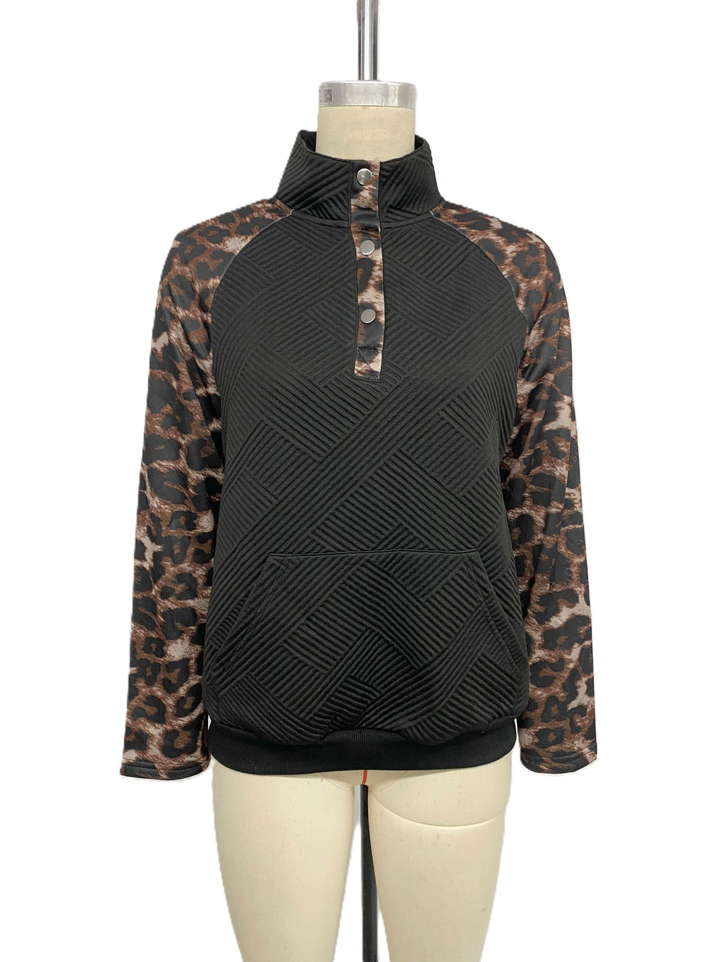 Half Placket Leopard Sleeve Quilted Pullover - Black
