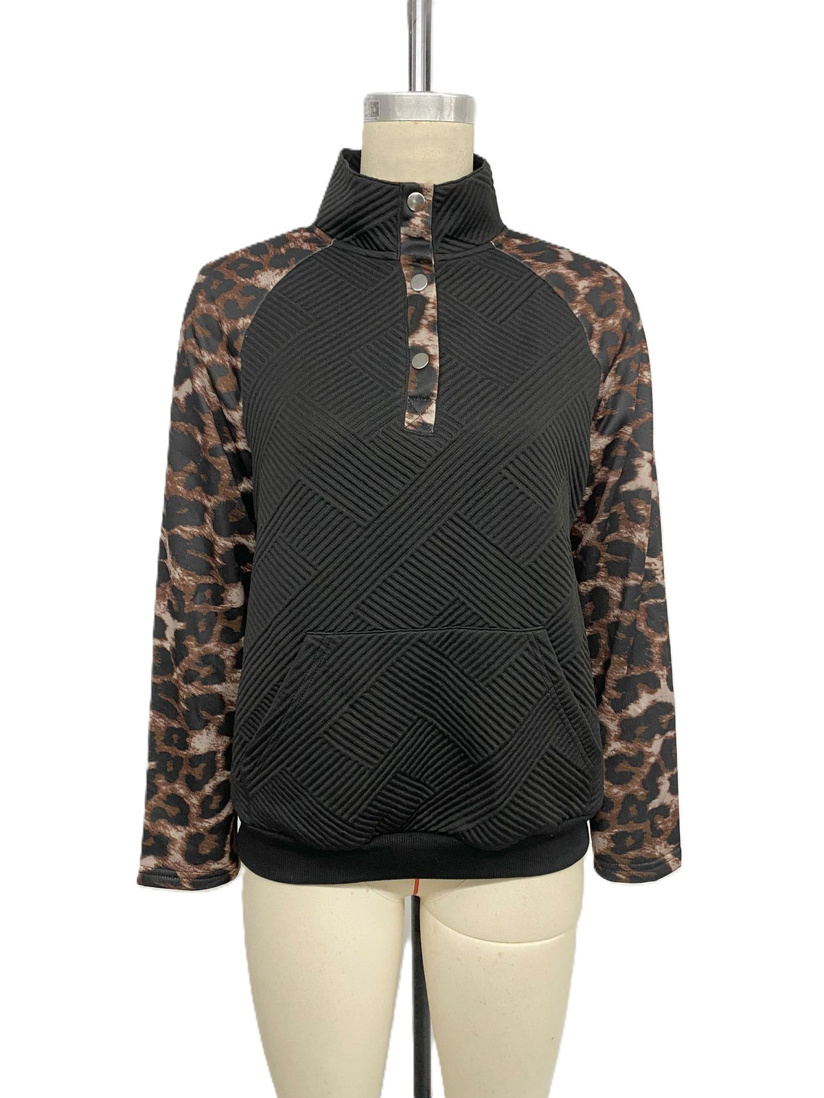 Half Placket Leopard Sleeve Quilted Pullover - Black