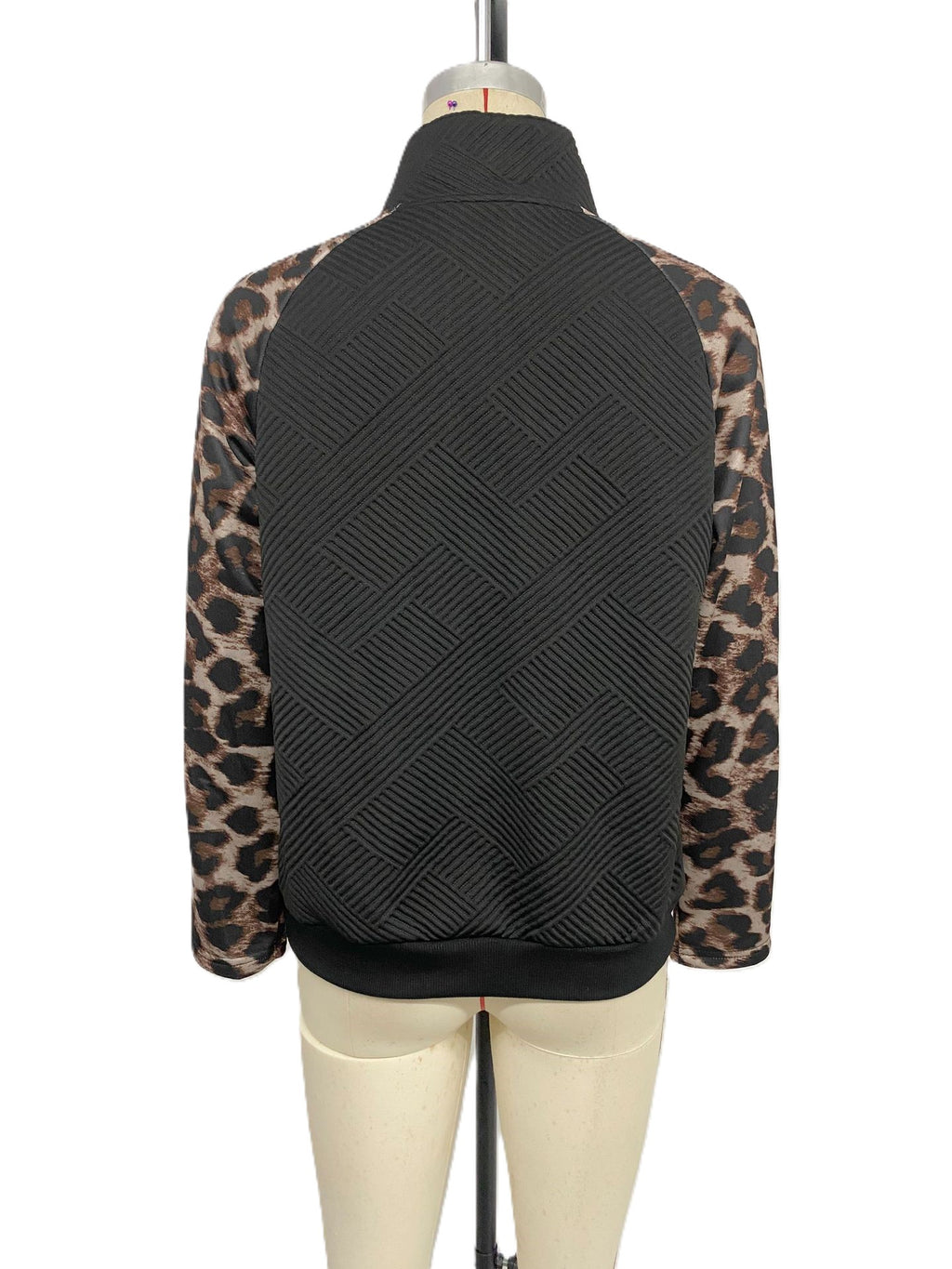 Half Placket Leopard Sleeve Quilted Pullover - Black - 1