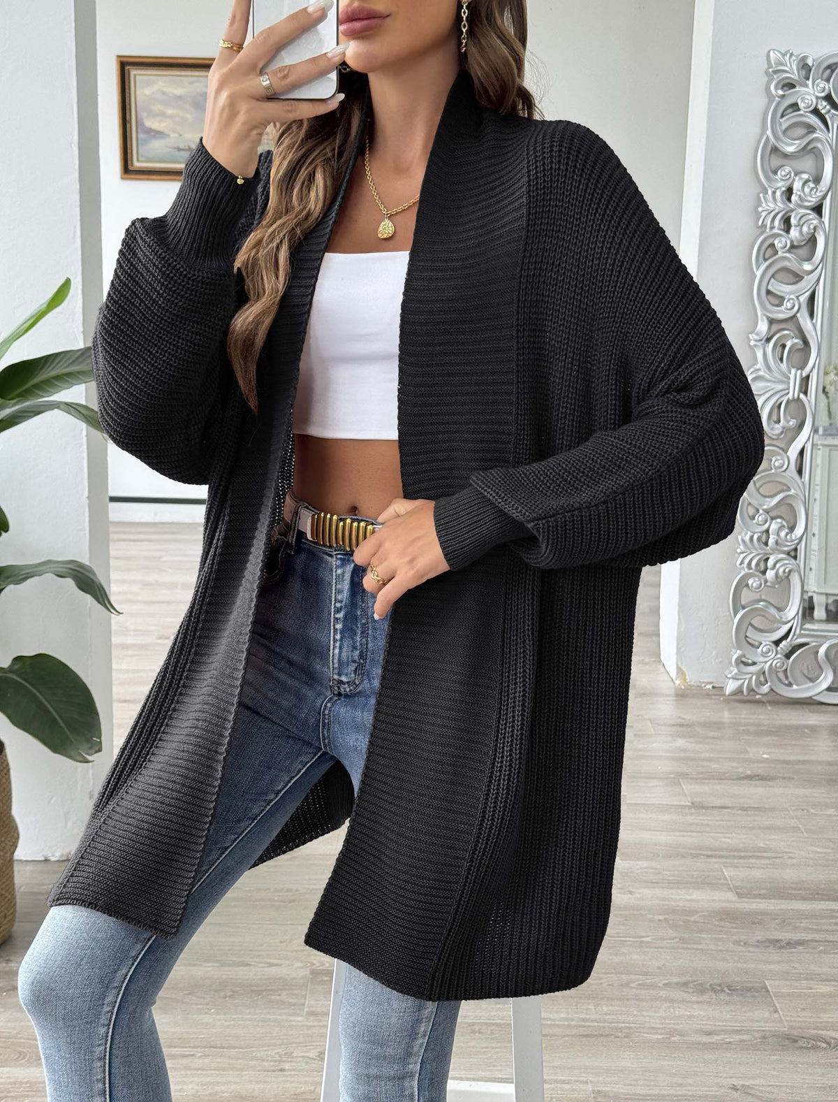 Slouchy Dolman Sleeve Open Front Cardigan - Black