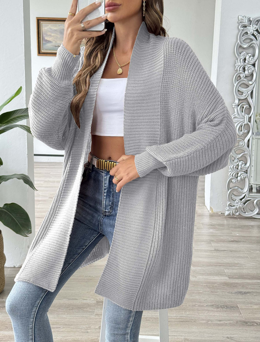 Slouchy Dolman Sleeve Open Front Cardigan - Grey