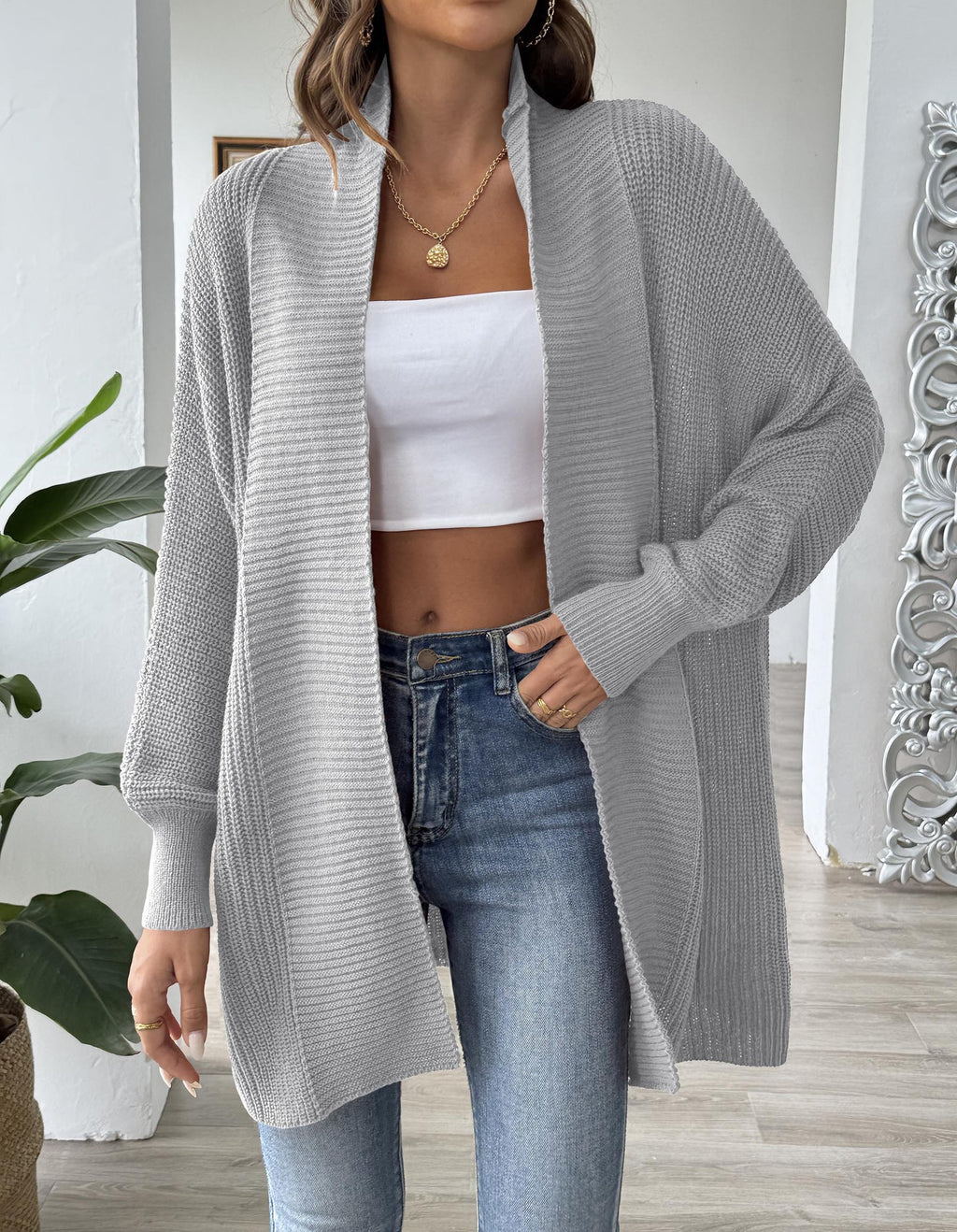 Slouchy Dolman Sleeve Open Front Cardigan - Grey - 1