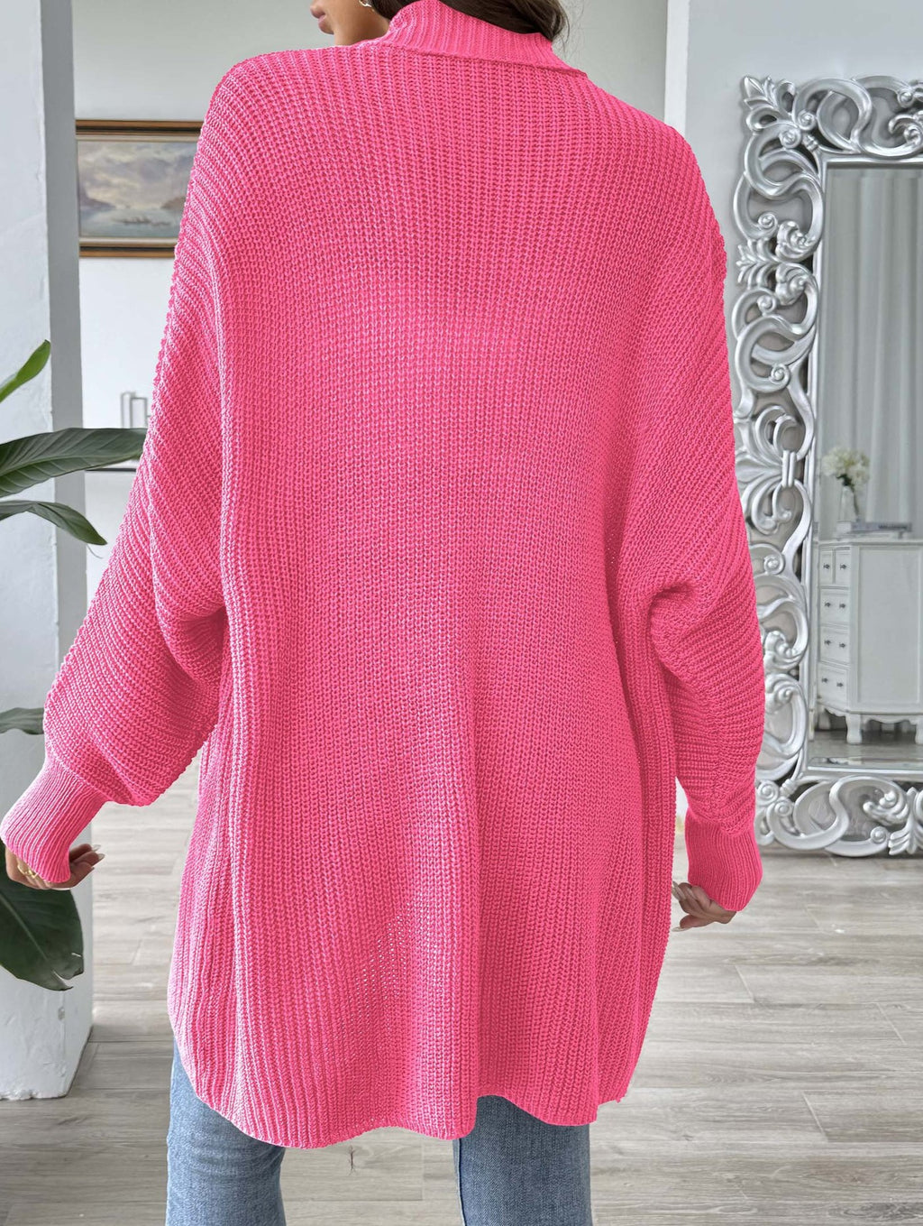 Slouchy Dolman Sleeve Open Front Cardigan - Rosered - 1