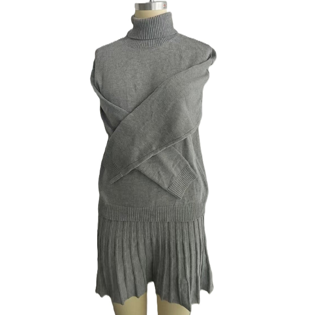 Turtleneck Sweater and Pleated Mini Skirt Set - Grey