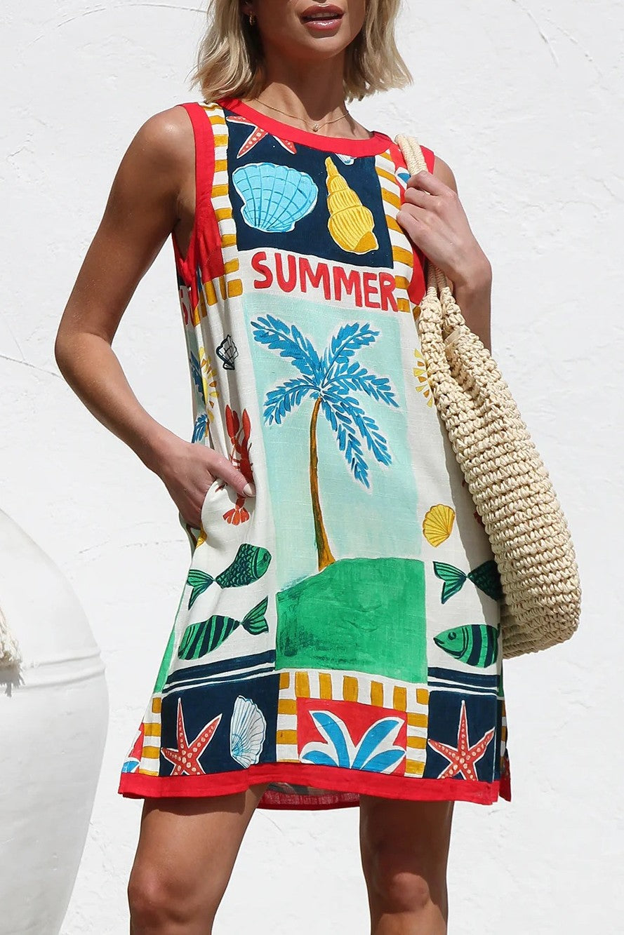 Tropical Print Sleeveless Beach Mini Dress - Multi - 6