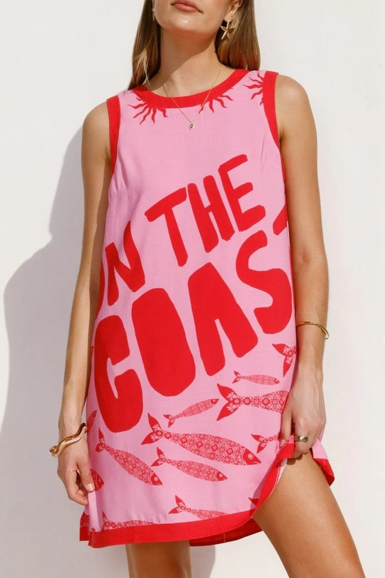 Tropical Print Sleeveless Beach Mini Dress - Rouge