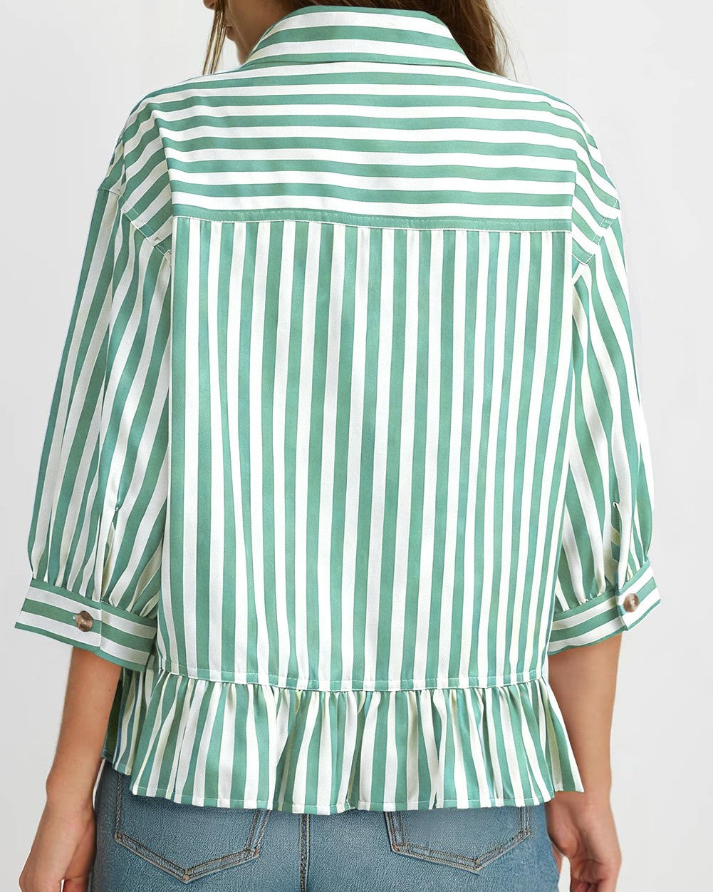 Vertical Stripe Peplum Ruffle Cotton Shirt - Green - 1