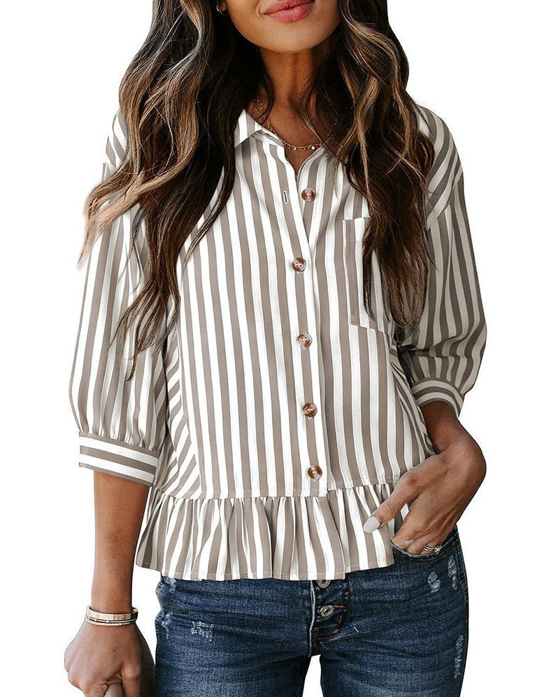 Vertical Stripe Peplum Ruffle Cotton Shirt - Khaki