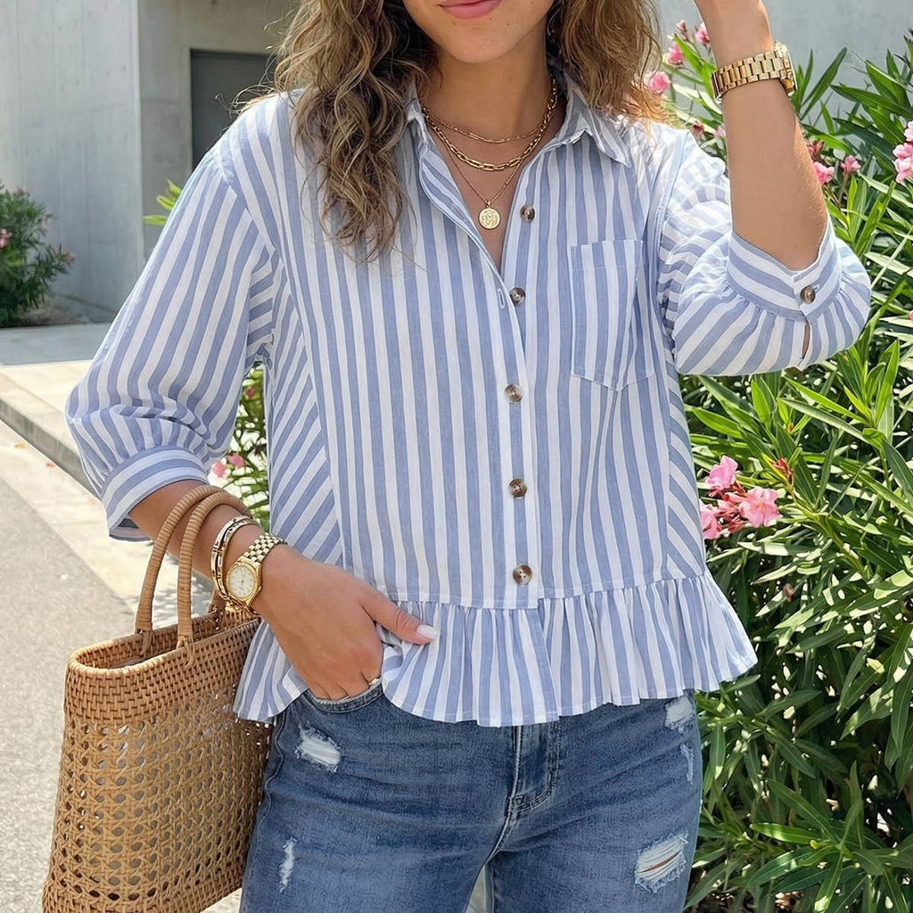 Vertical Stripe Peplum Ruffle Cotton Shirt