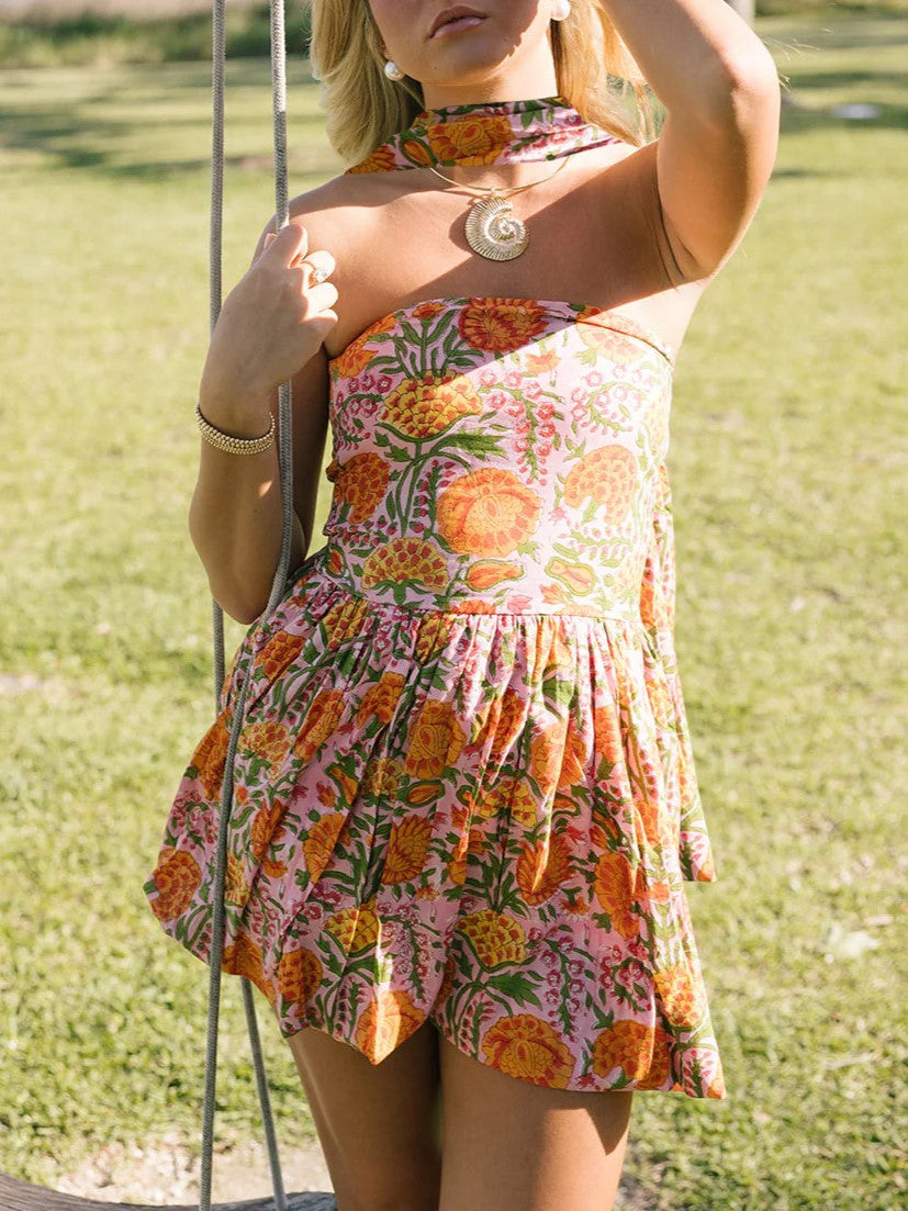 Tiered Strapless Mini Dress With Neck Scarf - orange