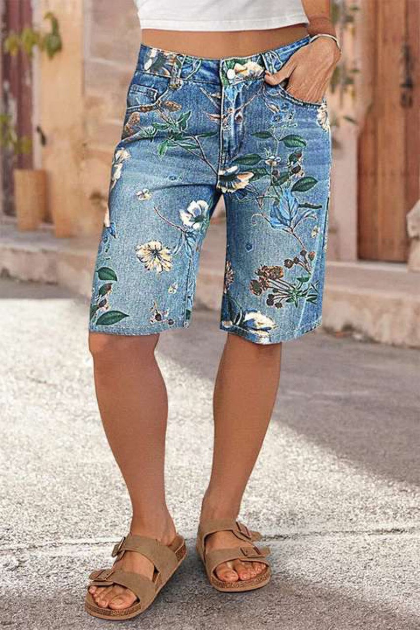 Floral Print Denim Bermuda Shorts - Light