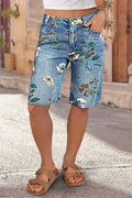 Floral Print Denim Bermuda Shorts - Light