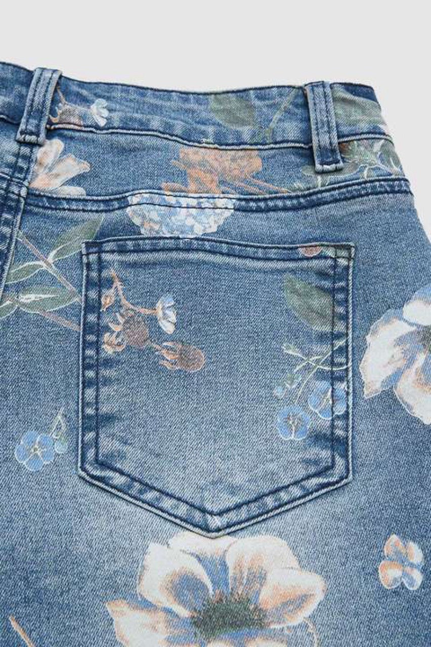 Floral Print Denim Bermuda Shorts - Light - 2