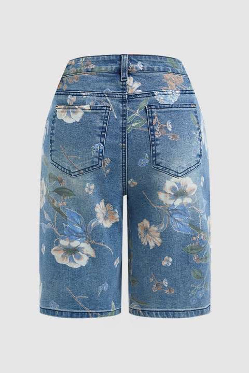 Floral Print Denim Bermuda Shorts - Light - 3