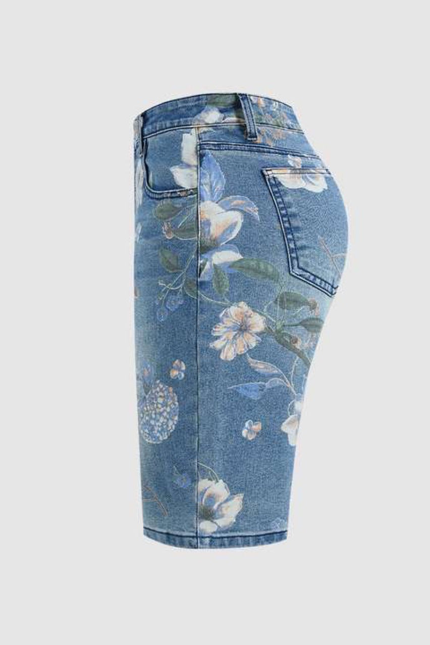Floral Print Denim Bermuda Shorts - Light - 4