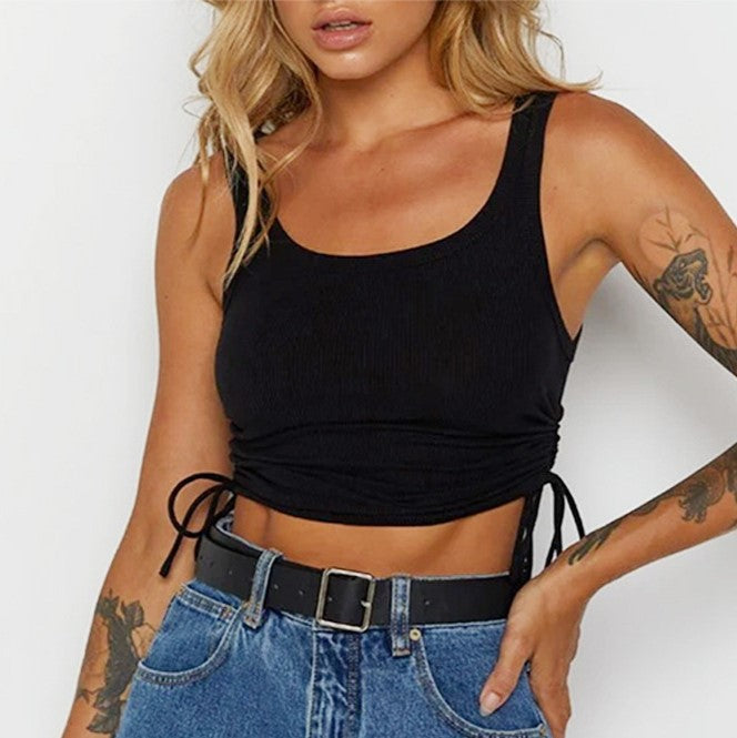 Ribbed Side Cinch Cropped Tank Top - Black