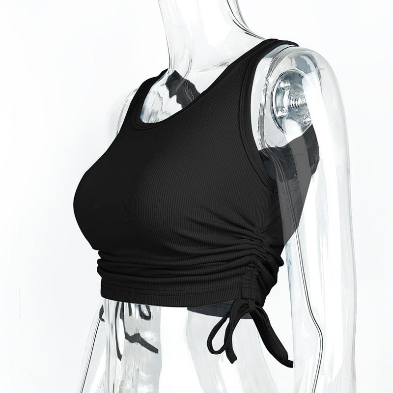 Ribbed Side Cinch Cropped Tank Top - Black - 1