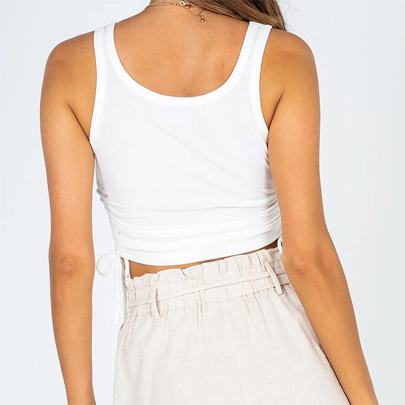 Ribbed Side Cinch Cropped Tank Top - White - 1