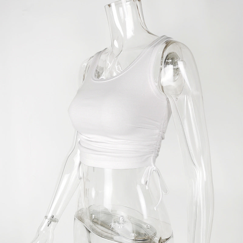 Ribbed Side Cinch Cropped Tank Top - White - 3