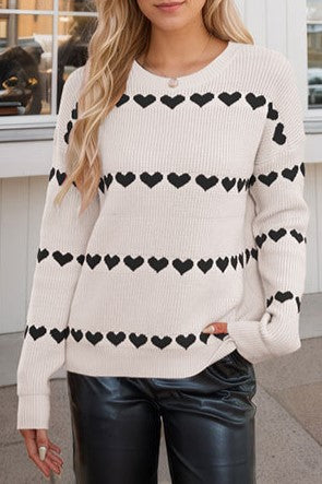 Heart Jacquard Crew Neck Pullover Sweater - Beige - 1