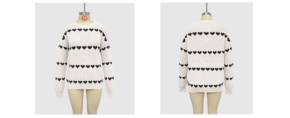 Heart Jacquard Crew Neck Pullover Sweater - Beige - 2