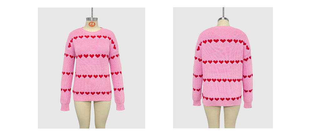 Heart Jacquard Crew Neck Pullover Sweater - Pink - 1