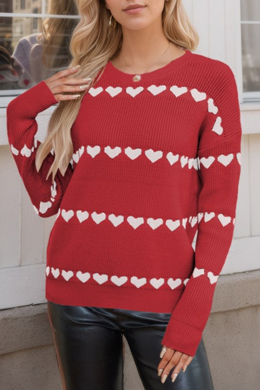 Heart Jacquard Crew Neck Pullover Sweater - Red
