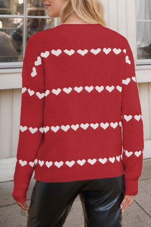 Heart Jacquard Crew Neck Pullover Sweater - Red - 1