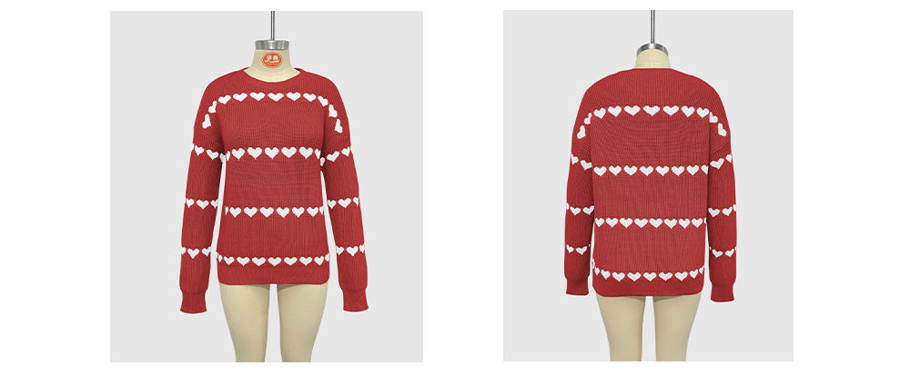 Heart Jacquard Crew Neck Pullover Sweater - Red - 2