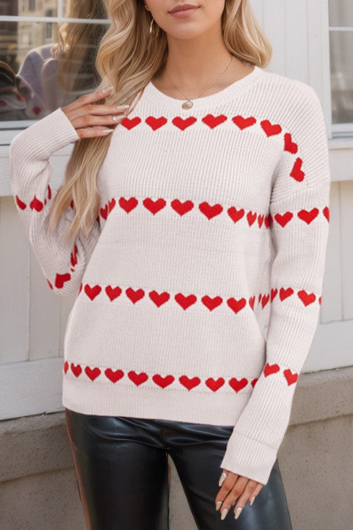 Heart Jacquard Crew Neck Pullover Sweater - White